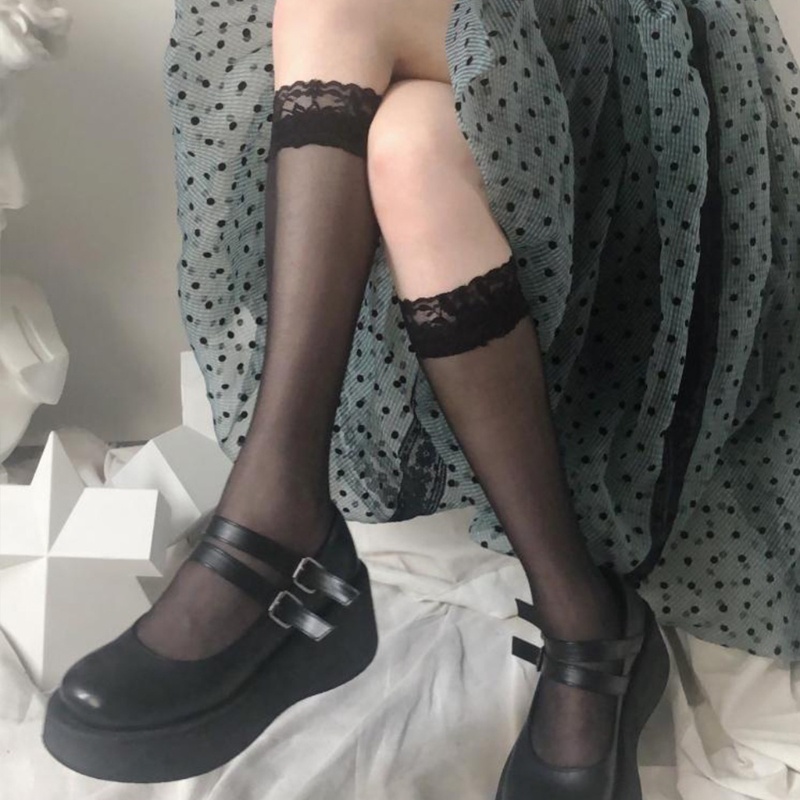 Vớ dài đến đầu gối màu trơn phối ren lưới trong suốt phong cách lolita nhật bản thời trang mùa hè dành cho nữ