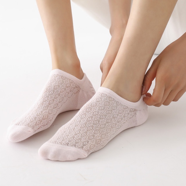 Đôi vớ lưới cotton cổ thuyền thoáng khí màu sắc đơn giản cho nữ