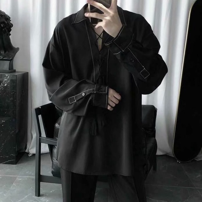 Áo Sơ Mi Tay Dài Màu Đen Thiết Kế Dây Rút Phong Cách Hàn Quốc Thời Trang Cho Nam