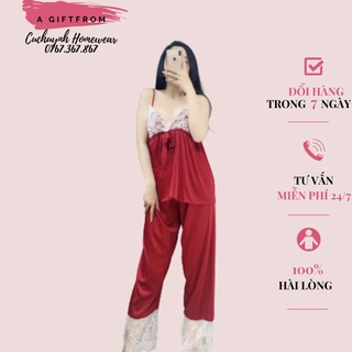 Đồ ngủ nữ [Free ship] Đồ ngủ nữ quần dài áo 2 dây phối ren cho Nữ mặc nhà siêu xinh