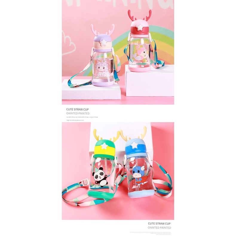 Bình uống nước có ống hút mềm dẻo cho bé dung tích lớn 600ml với thiết kế dễ thương phù hợp cho mọi bé trái bé gái - NK