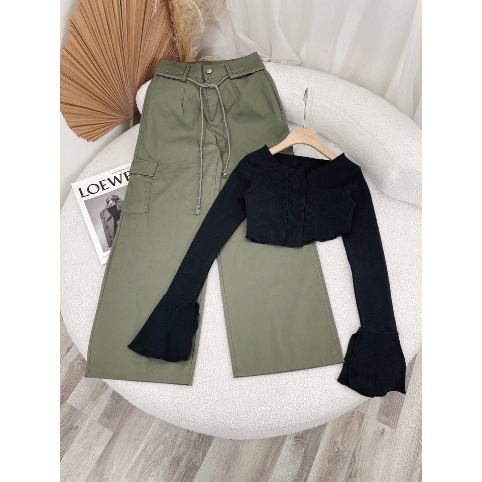 SET ÁO CROPTOP GÂN ĐEN CUỐN BIÊN NÚT TAY LOE + QUẦN SUÔNG XANH LÍNH