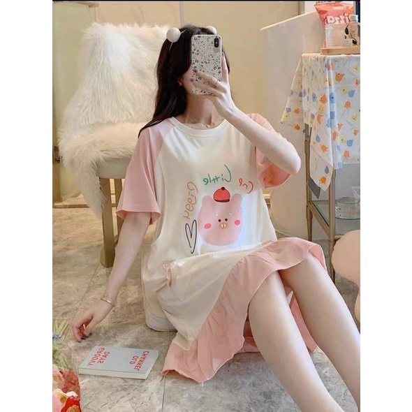 Đầm bầu mùa hè chất cotton Shopdambau-MA1070 Váy bầu thiết kế hình in ngộ nghĩnh freesize dưới 65kg