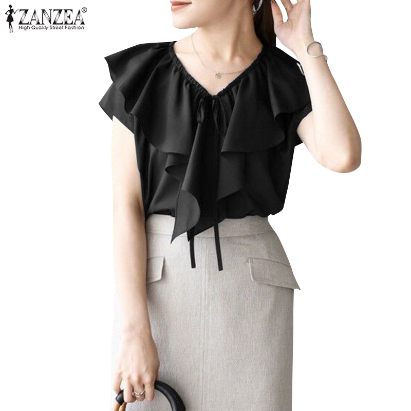 Áo kiểu ZANZEA ngắn tay cổ tròn màu trơn phối bèo thời trang cho nữ