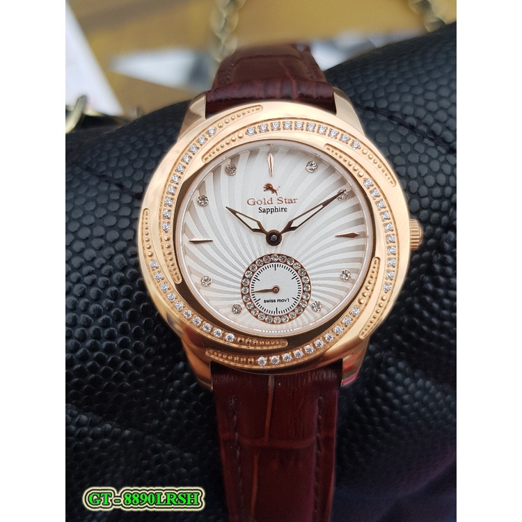 *Gold Star* Đồng Hồ goldstar Chính Hãng Nữ GT – 8890L, Thép 316L, Kính Saphia, Gắn Kim Cương, Mạ Vàng 24k, Nước 50m