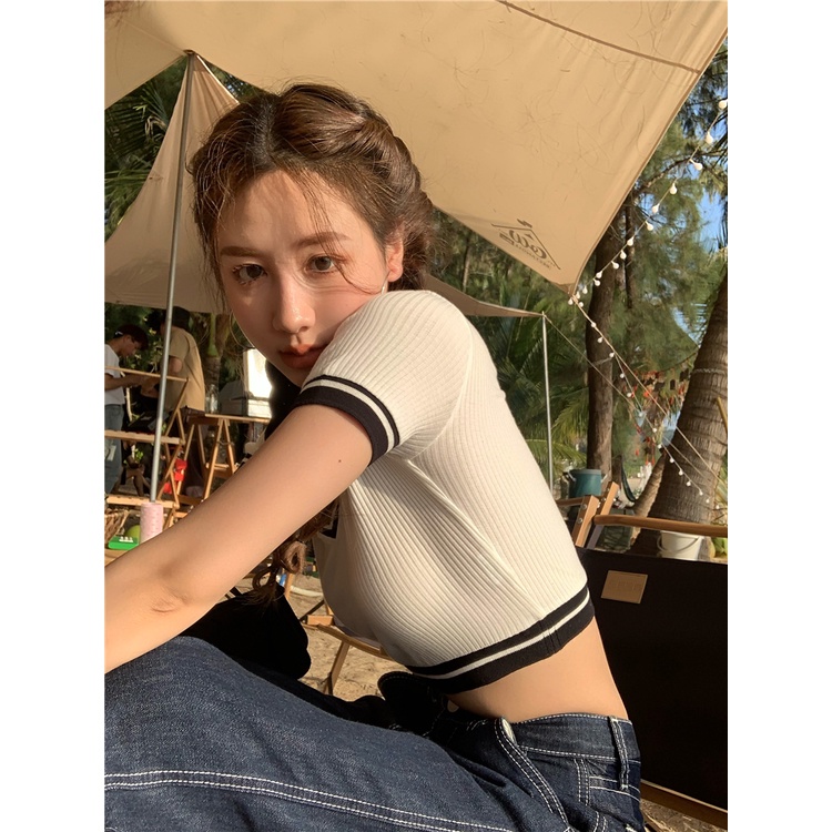 Cocory vn Áo Croptop Dệt Kim Tay Ngắn Cổ Chữ V Thời Trang Mùa Hè Quyến Rũ Cho Nữ