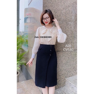 chân váy suông dài đắp tà phối cúc trẻ trung