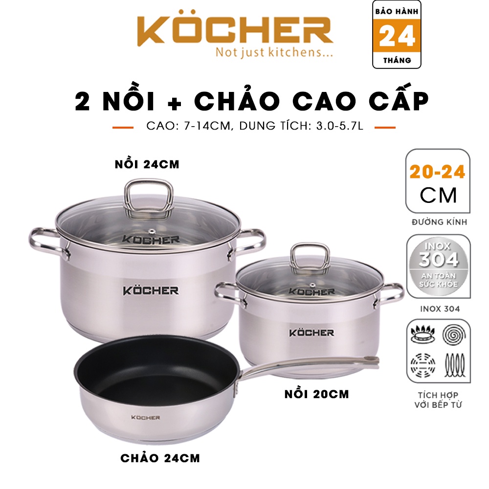 Bộ nồi chảo inox 304 5 đáy KOCHER cao cấp bao gồm nồi size 20, 24cm - Chảo size 24cm
