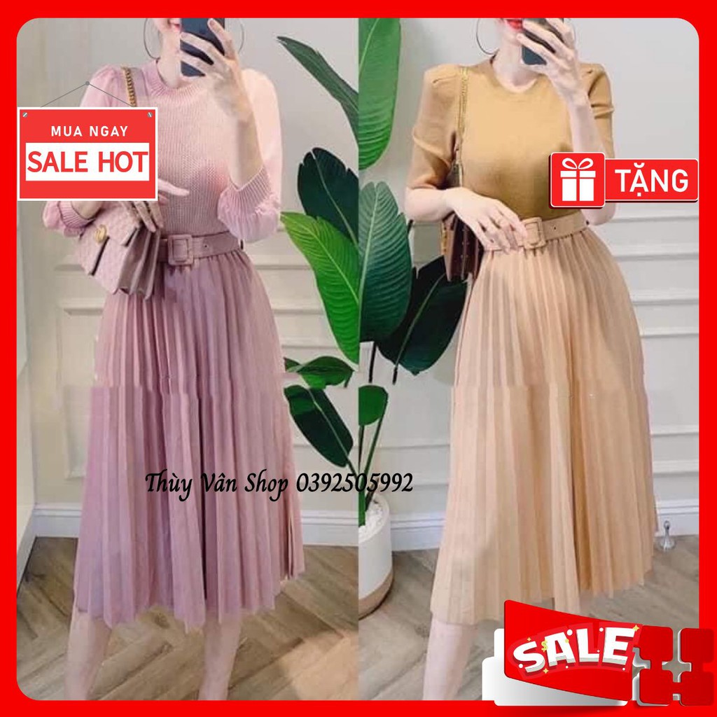 #1915 Chân váy xếp ly dài không nhũ kèm đai Quảng Châu loại 1
