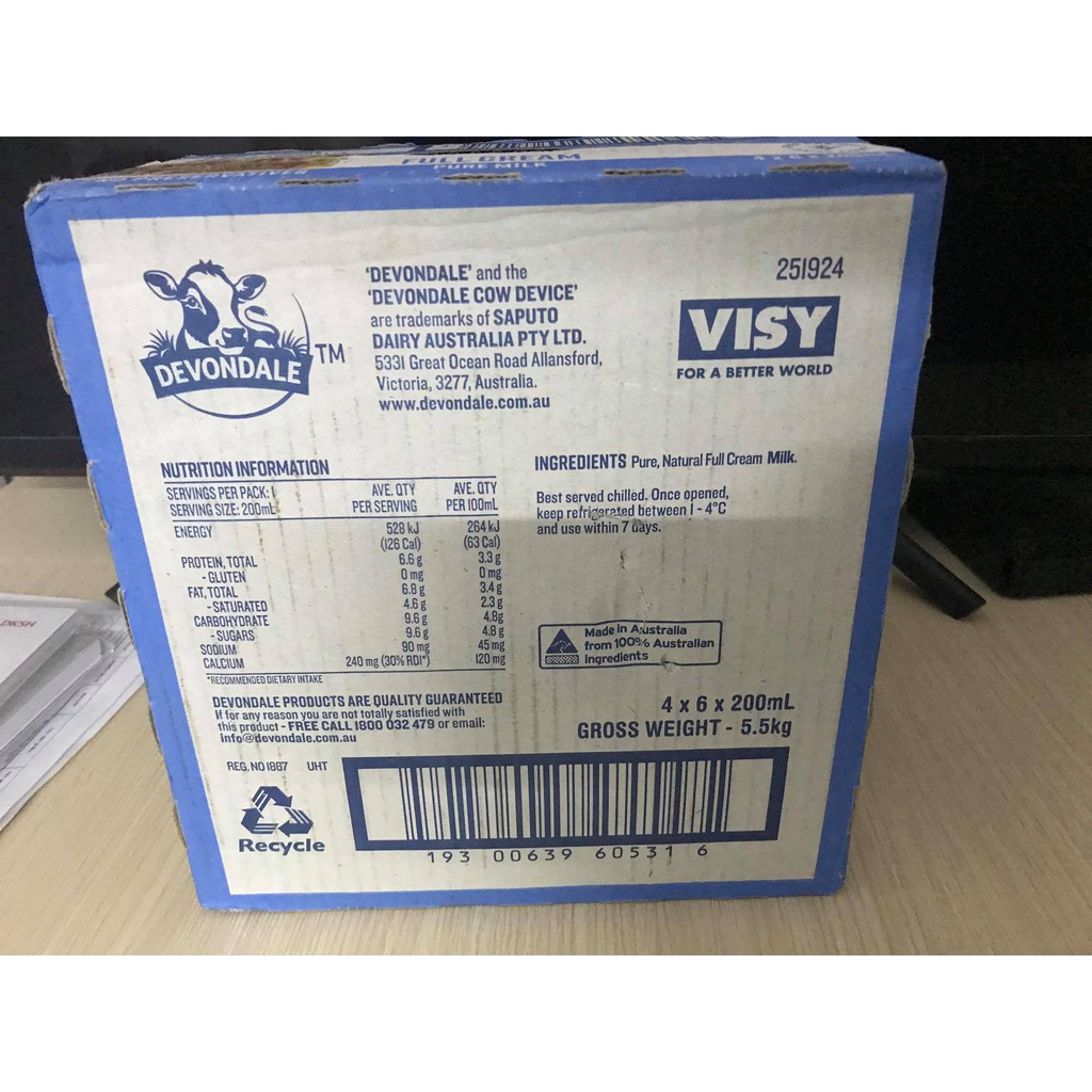 (Nhập khẩu) Thùng Sữa tươi nguyên chất tiệt trùng Devondale Milk 200mlx6