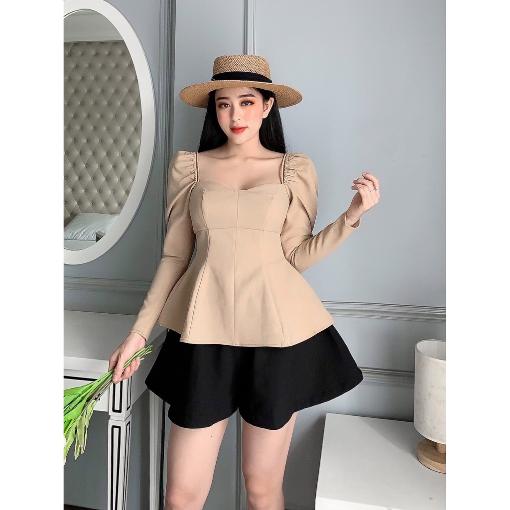 RECHIC Áo Ravi Màu Be cổ vuông kiểu dây tay phồng xinh xắn sang trọng dễ thương