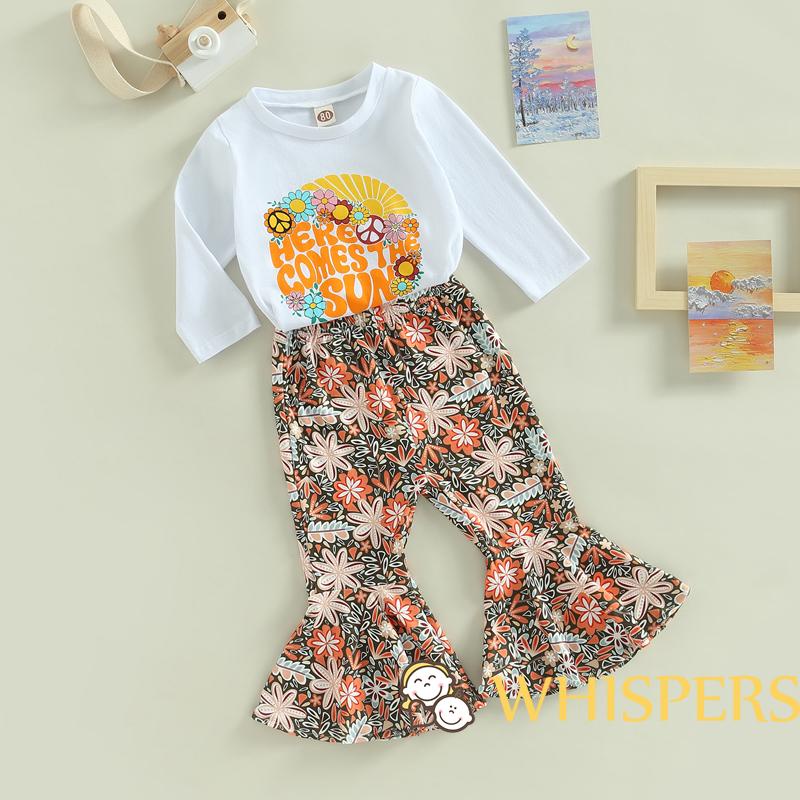 WHISPERS-Baby Kid Girls Pants Set Long Sleeve Letters Print T-shirt with Flower Print Flare Pants Casual Outfit