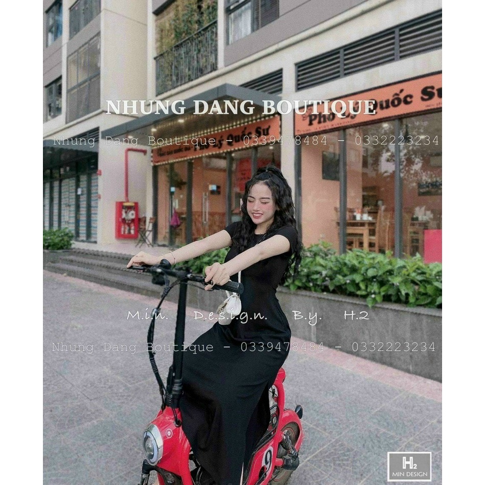 Đầm đen thời trang nữ mặc đi chơi chất lụa nhung cổ tròn tay ngắn váy đuôi cá dáng dài