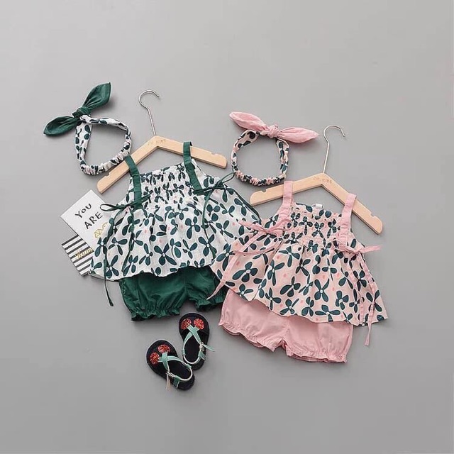 Set bộ bé gái dễ thương [FREESHIP EXTRA], Set bộ 3 chi tiết kèm khăn tủban cho bé gái xinh xắn, chất liệu thô thoáng mát