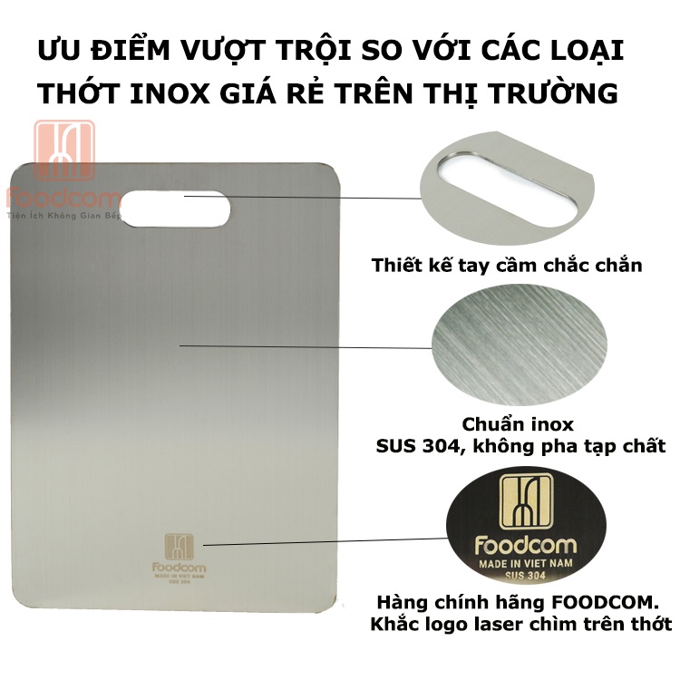 Combo 2 Thớt inox 304 đa năng FOODCOM không han gỉ, kháng khuẩn, giữ gìn vệ sinh an toàn thực phẩm