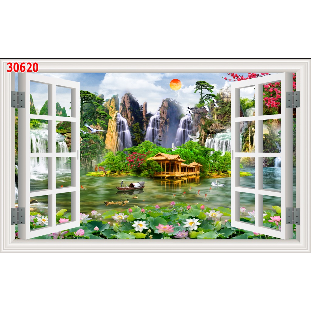 Tranh 3d cửa sổ nhìn ra phong cảnh sang trọng hiện đại