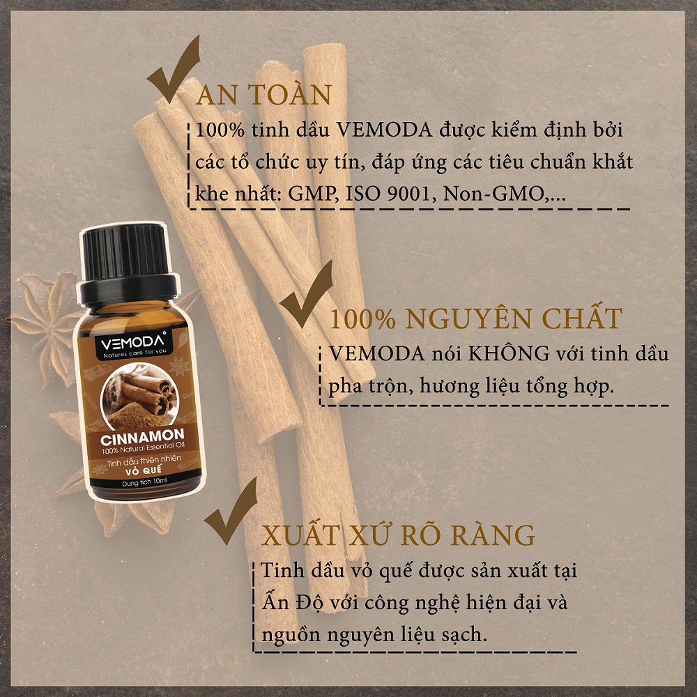 Tinh dầu Vỏ quế cao cấp VEMODA 10ML kháng khuẩn, khử mùi, tinh dầu xông phòng, giữ ấm, thơm phòng, thư giãn