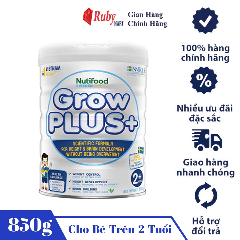 Sữa Bột Grow Plus Trắng Giúp Trẻ Phát Triển Chiều Cao Và Não Bộ, Không Thừa Cân 850g (trẻ 2 tuổi trở lên)