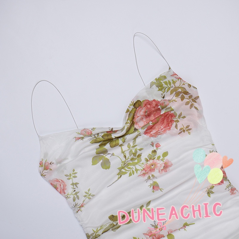 DUNEA Đầm hai dây ôm dáng phối lưới họa tiết hoa thời trang quyến rũ dành cho nữ