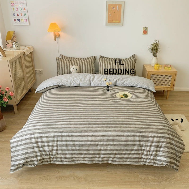 Bộ chăn ga Cotton poly HL bedding chăn ga Hàn Quốc xám sọc đủ size miễn phí bo chun