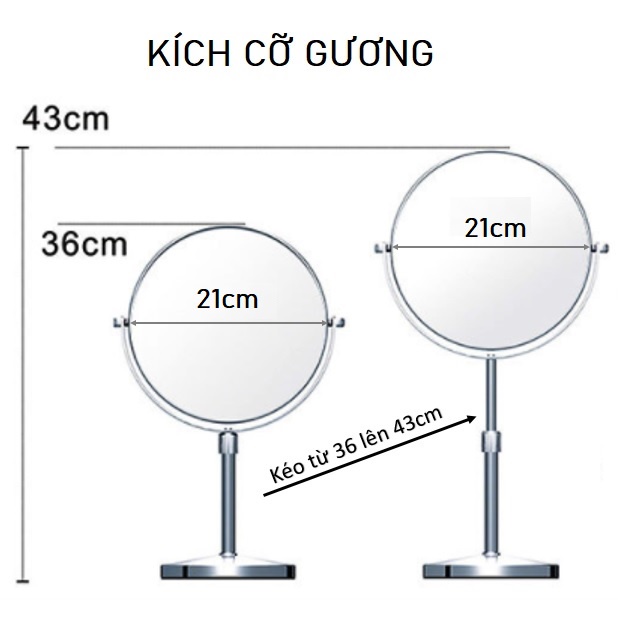 Gương trang điểm bằng inox/đồng cỡ lớn - Gương để bàn 2 mặt xoay 360 độ zoom x2 loại xịn MKZ124