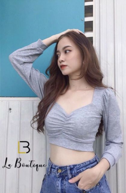 Áo CROPTOP TAY DÀI NHÚN NGỰC CỔ RỘNG BO TAY - A3BOT