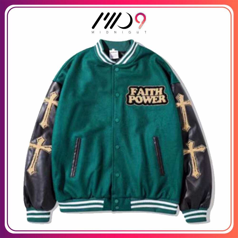 (Ảnh thật) Áo khoác Varsity Jacket MID9 unisex nam nữ họa tiết thánh giá phối tay da