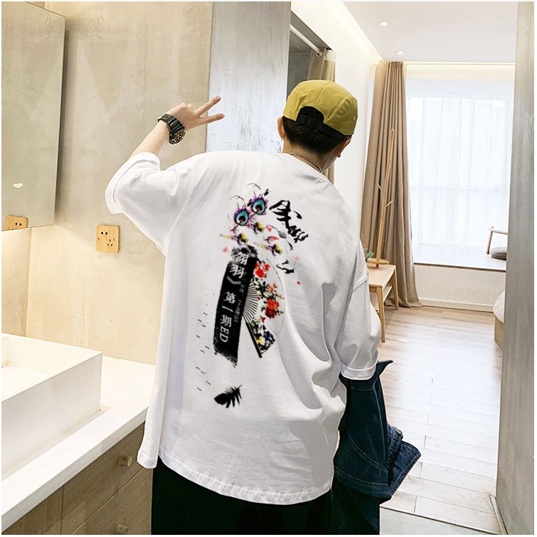 Áo thun tay lỡ Hoa Đào Trên Quạt áo phông trắng basic unisex có size phối cùng quần jean short siêu đẹp