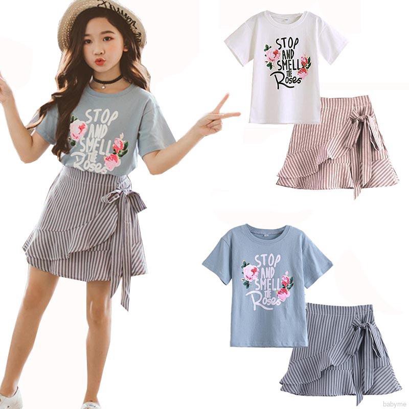 Set áo thun ngắn tay in hoa + Chân váy ngắn dễ thương cho bé gái