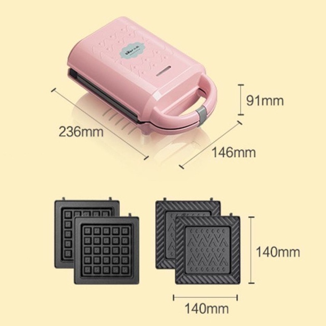 Máy làm bánh waffle BEAR 600W 2 khuôn nướng bánh mì, bánh waffle, nướng thịt