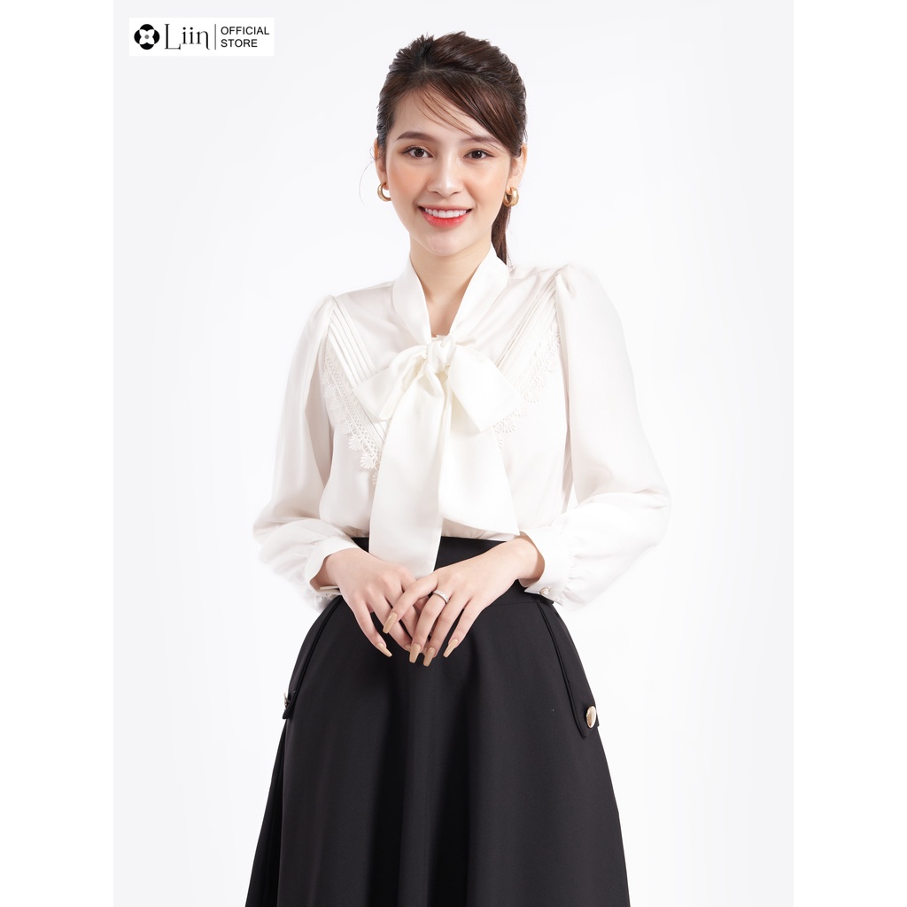 Áo kiểu nữ thiết kế dài tay màu trắng phối thắt nơ kiểu dáng trẻ trung, sành điệu Liin Clothing SM4010