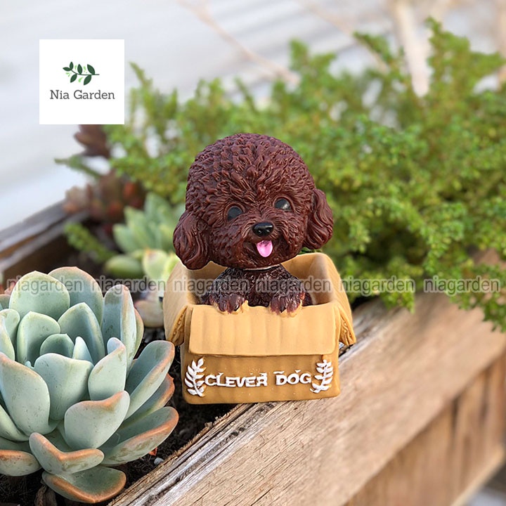 Tiểu cảnh trang trí hồ cá mô hình chó Poodle decor vườn chậu cây terrarium mini bàn học Nia Garden N5