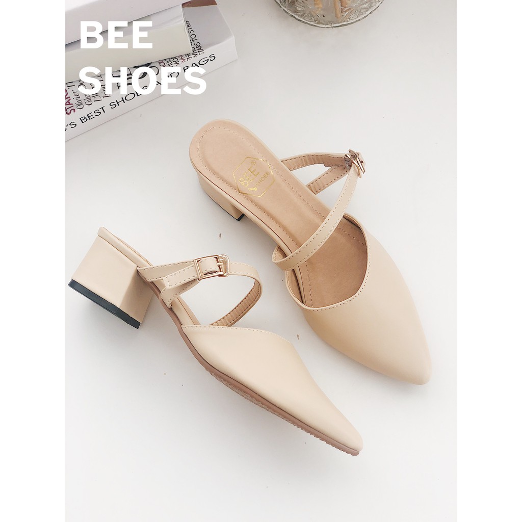 BEESHOES - GIÀY SỤC NỮ MŨI NHỌN 1 DÂY NGANG DA MỀM - GIÀY SỤC NỮ GÓT VUÔNG CAO 5 PHÂN SẴN MÀU ĐEN - BE - TRẮNG 201069