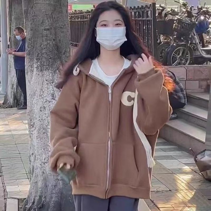 Áo Khoác Nữ Form Rộng Chữ C mũ 2 lớp có dây kéo to