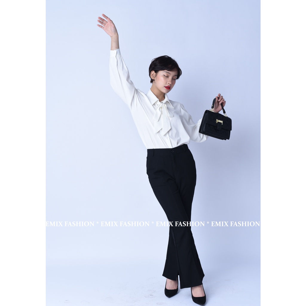 Quần tây nữ ống loe xẻ trước EMIX (màu đen), basic trousers, dáng dài, cạp thấp, ống ôm và loe, chất tuytxi đẹp 20266