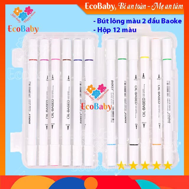 [Video Và Hình Thật] Bút Màu Marker Baoke MP2923, Hộp Nhựa Bộ 12 Bút Oily Marker Pens, Thiết Kế, Vẽ Anime - EcoBaby