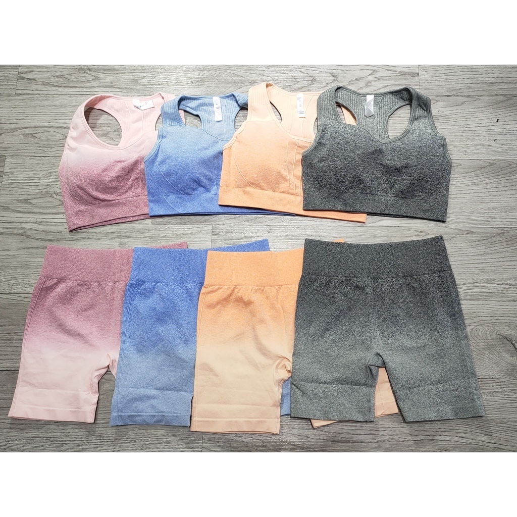Set bộ đồ tập gym yoga nữ dệt kim ombre áo bra kèm mút quần đùi ngố cao cấp Bin Sports BL022