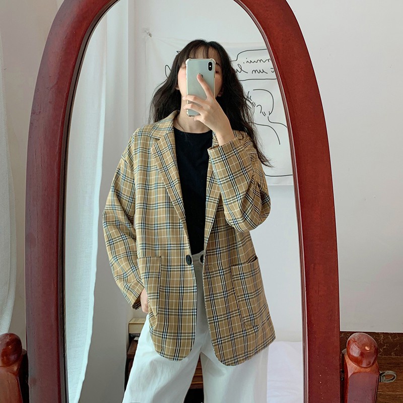 [CÓ SẴN] Áo khoác blazer nữ kẻ caro form rộng dài tay phong cách Hàn Quốc ulzzang | BigBuy360 - bigbuy360.vn