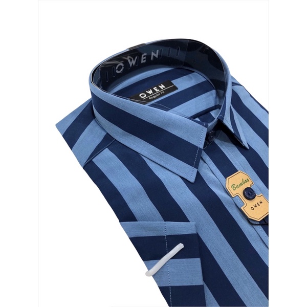 Áo sơ mi owen ngắn tay kẻ sọc xanh regular fit vải sợi tre AR22663NT