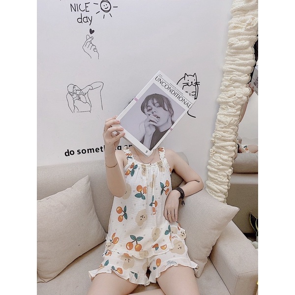 Bộ pijama hai dây va xô muslin hoạ tiết dễ thương cute đồ ngủ cho các nàng