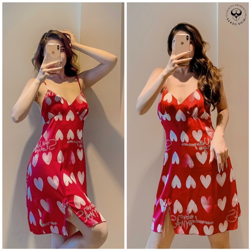ĐẦM NGỦ HAI DÂY CHẤT LỤA XẺ TÀ TRÁI TIM DỄ THƯƠNG – ĐẦM LỤA MẶC NHÀ (BAMBO BIKINI)