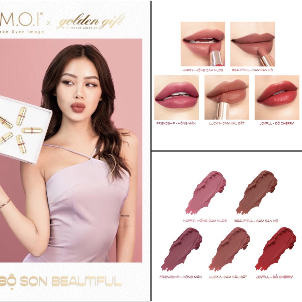 Son Môi Mini - Set 5 Thỏi Love M.O.I Mini Hồ Ngọc Hà - Golden Gift - MOI Cosmetics