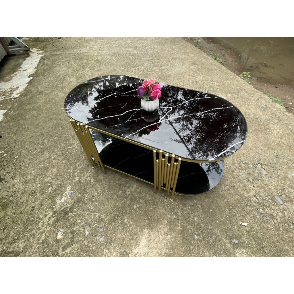 BÀN SOFA OVAL 2 TẦNG MẶT KÍNH CƯỜNG LỰC CHÂN SỌC