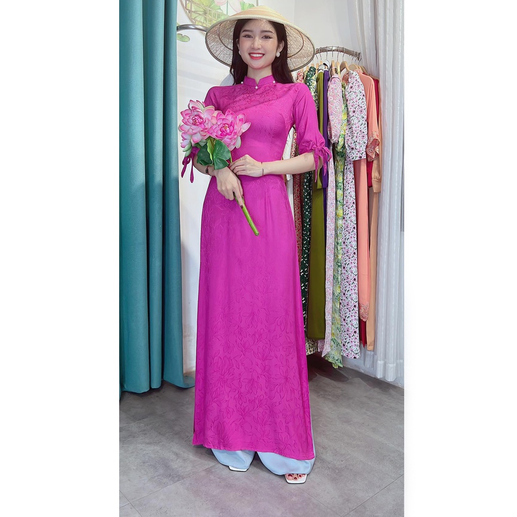 Áo dài cách tân in gấm nữ kiểu tay nơ xinh xắn CHUU AD8064 - không kèm quần
