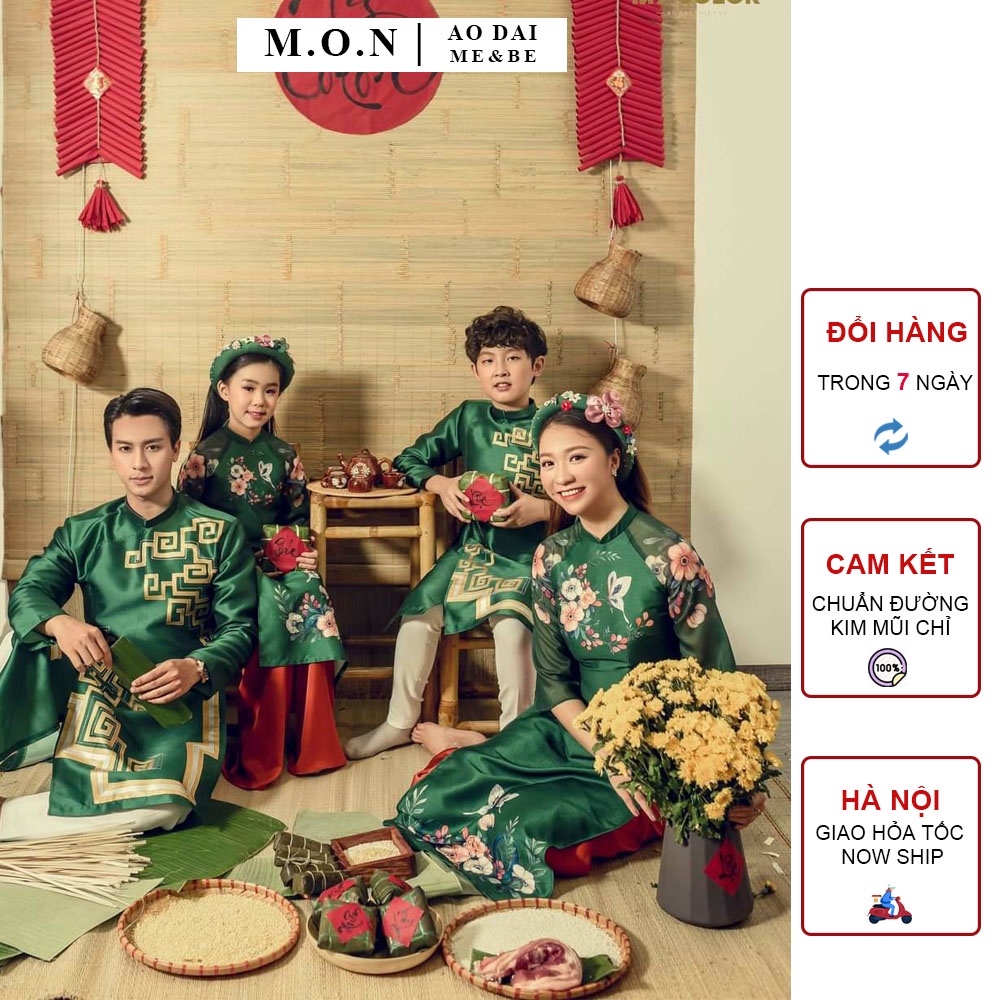 Áo Dài Gia Đình Màu Xanh Dành Cho Bố Mẹ Và Các Bé Mon
