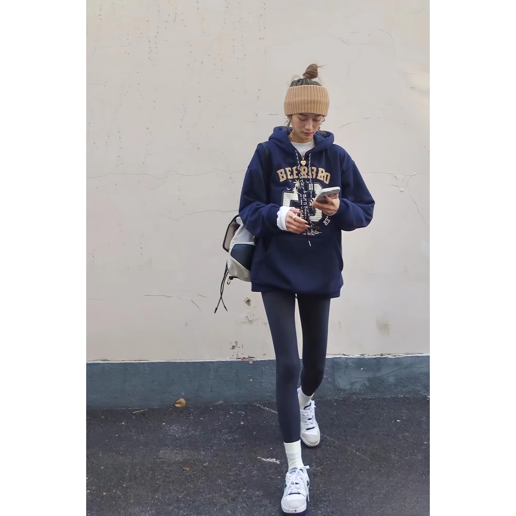 Áo Hoodie Nỉ BEERBRO Nam Nữ Dáng Thụng Màu Xanh In Chữ