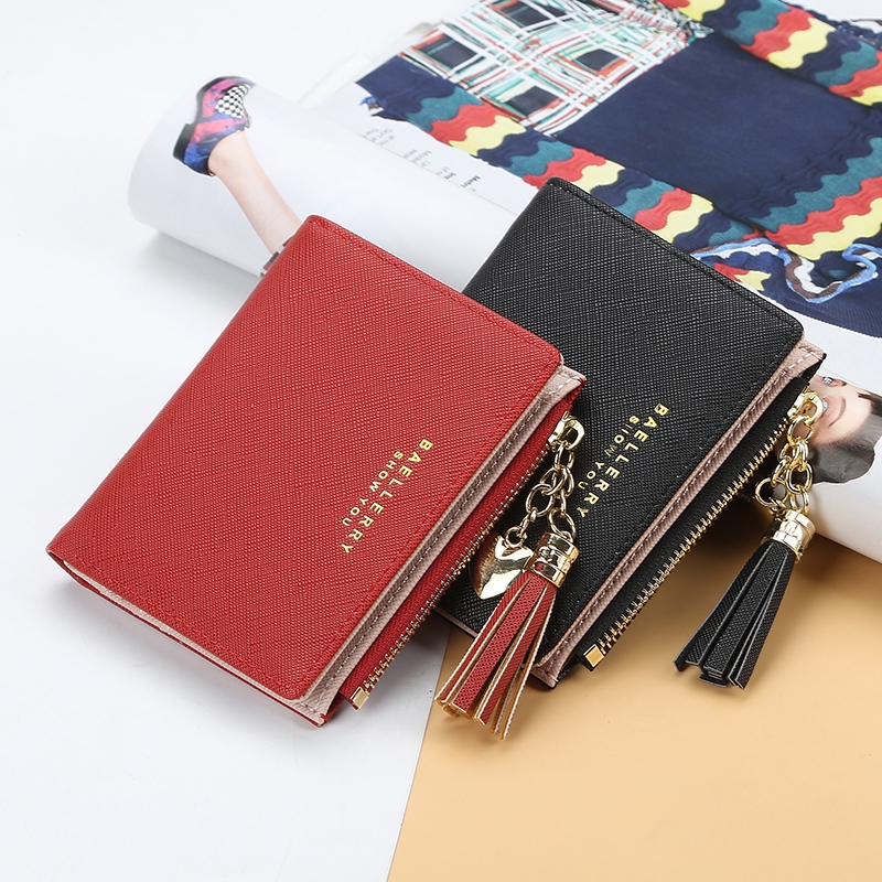 Baellerry Tassel Leather Wallet Women Fold Over Purses Card Wallet Coin Pouches Wallets Purses Female Short Zipper Purse