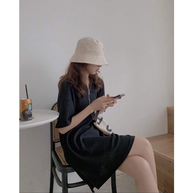 Đầm tiểu thư 🌸 Đầm cổ bẻ dáng suông tay lỡ khoá zip vintage chất tổ ong ba màu xanh hồng đen PHULA | BigBuy360 - bigbuy360.vn