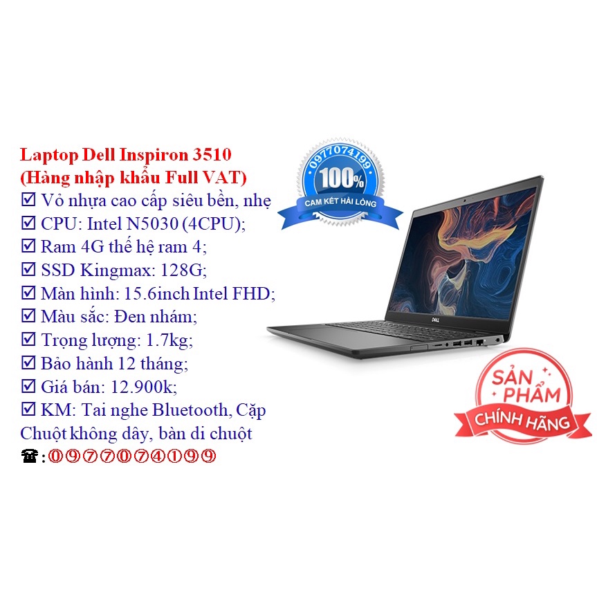 Laptop Dell Inspiron 3510 Celeron® N5030 1.1GHz, RAM 4GB, SSD 128GB, 15.6" FHD