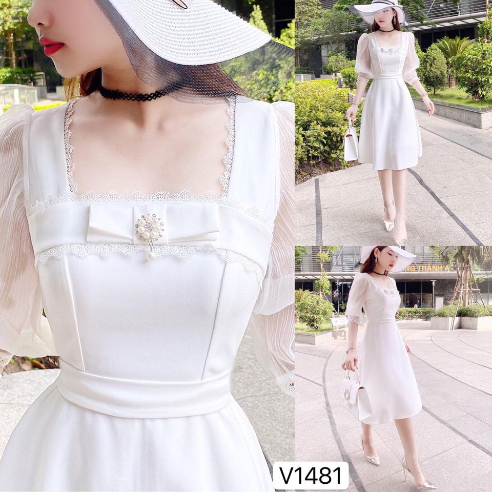 Váy trắng tay voan lỡ tặng kèm tag đá V1481-ĐẸP HP DVC
